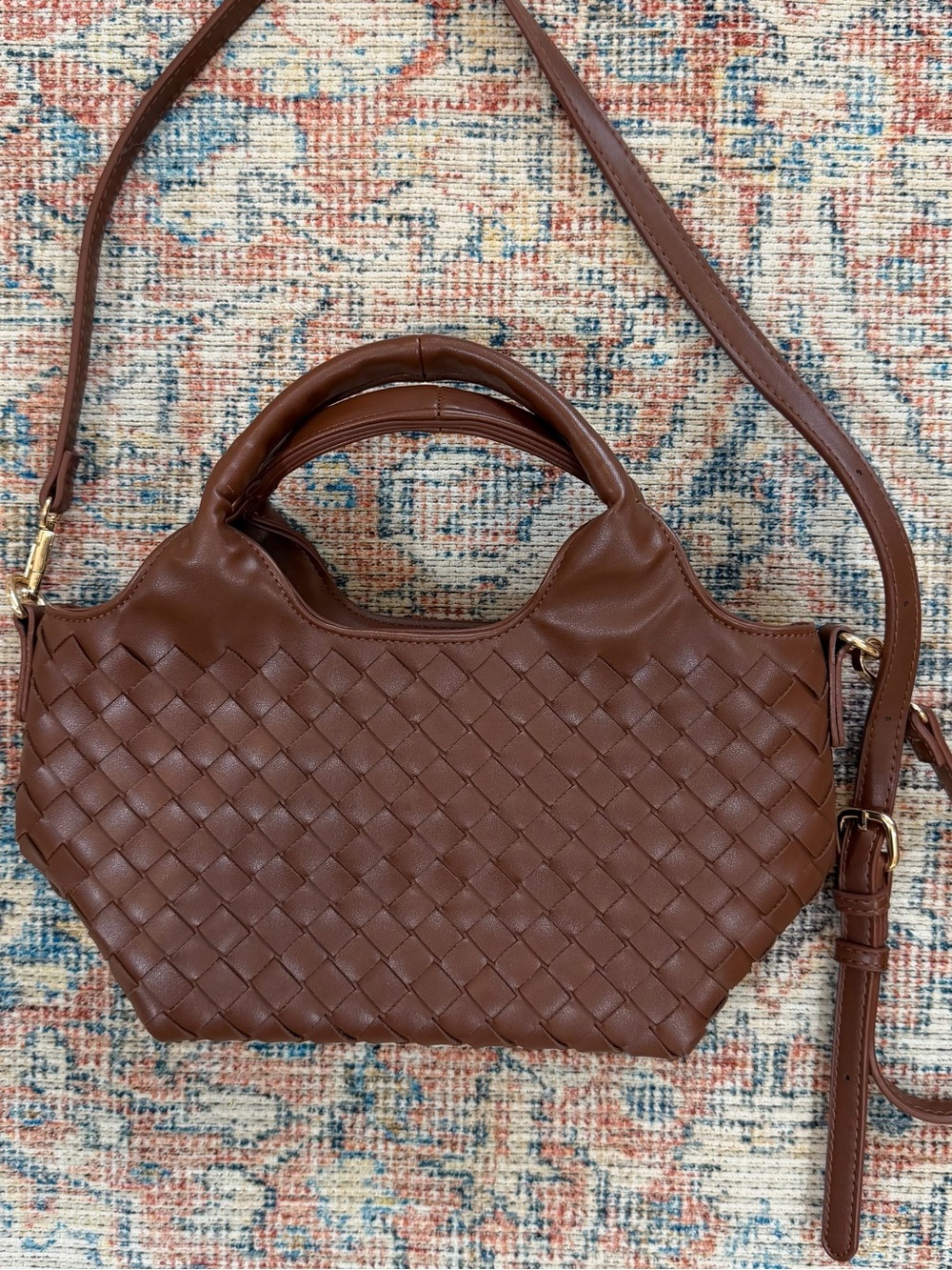 Woven Boho Bag Brown Vegan Leather Crossbody Top Handle Shoulder Handbag Purse - Picture 8 of 10